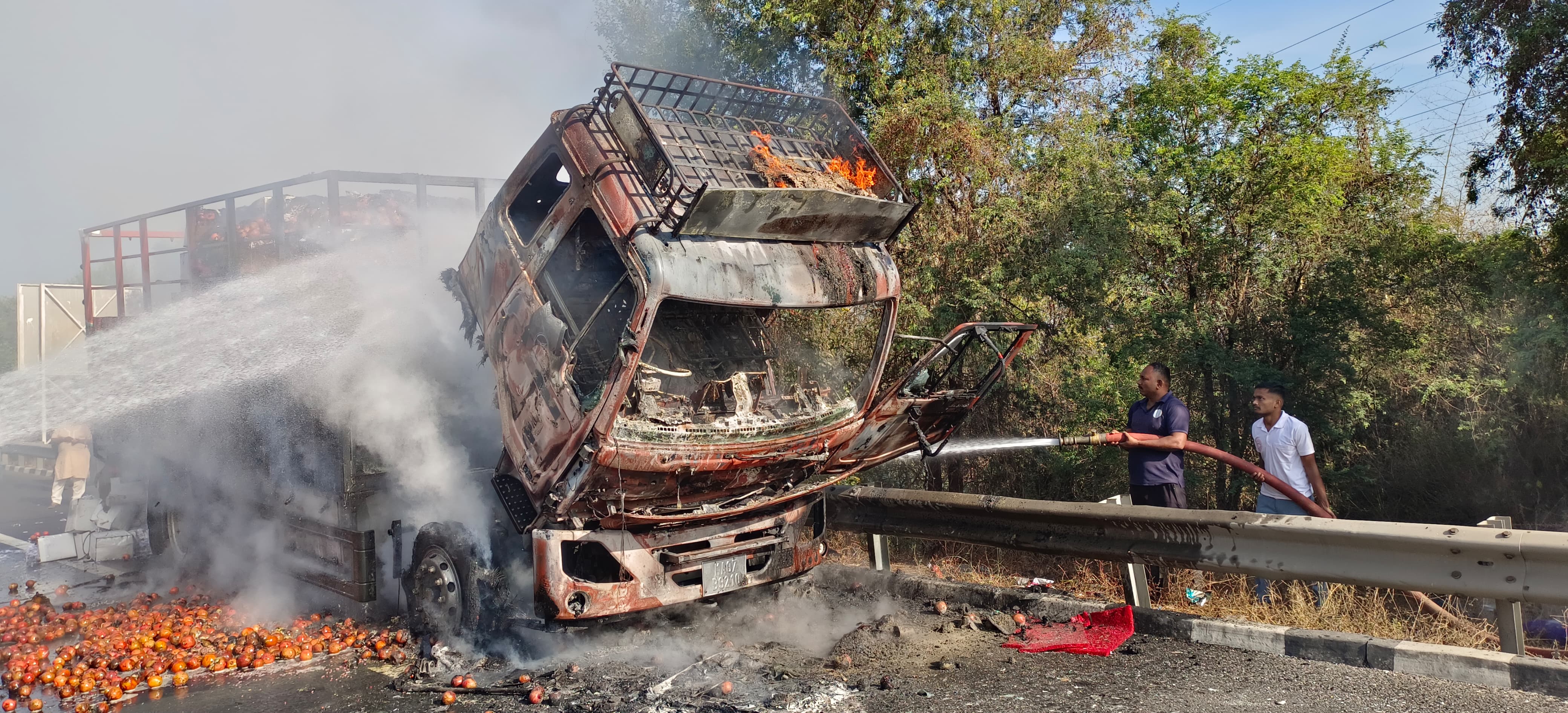 અમદાવાદ-વડોદરા એક્સપ્રેસ વે પરનો બનાવ: વાસદ નજીક દાડમ ભરેલી આઈસરમાં આગ લાગી