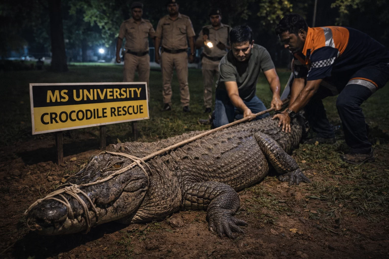 એમએસ યુનિવર્સિટીમાં 9 ફૂટના મહાકાય મગરની એન્ટ્રીથી ખળભળાટ, ભારે જહેમત બાદ રેસ્ક્યુ કરાયો