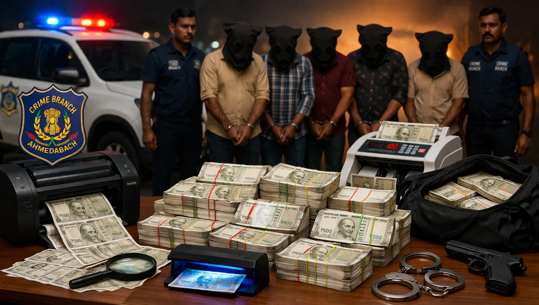 અમદાવાદમાં નકલી નોટોનો મોટો રેકેટ પર્દાફાશ: ક્રાઈમ બ્રાન્ચે કરોડોની કરન્સી સાથે 6 આરોપીઓને ઝડપી પાડ્યા