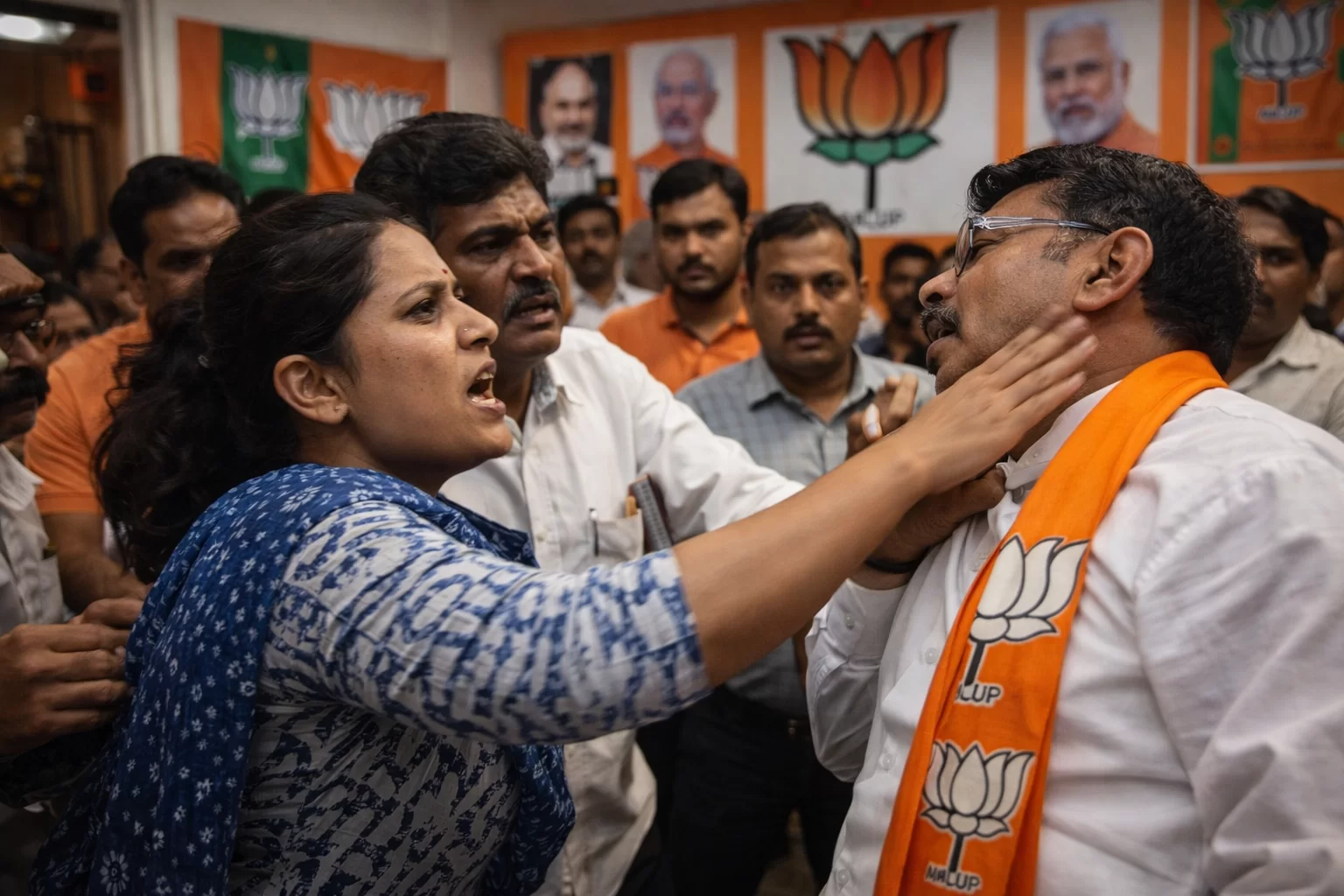 ભાજપ કાર્યાલયમાં હંગામો: મહિલાએ નેતાને કોલર પકડી લાફો માર્યો, ઘટનાથી રાજકારણ ગરમાયું