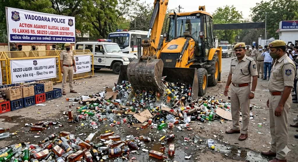 વડોદરા પોલીસ દ્વારા કડક કાર્યવાહી: 16 લાખનો દારૂ ચકનાચૂર
