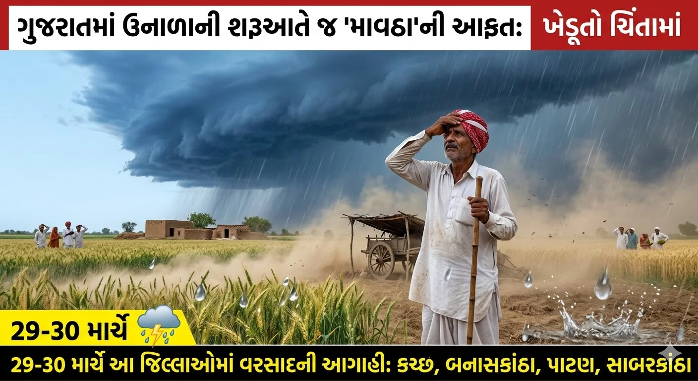 ગુજરાતમાં ઉનાળાની શરૂઆતે જ 'માવઠા'ની આફત: 29-30 માર્ચે આ જિલ્લાઓમાં વરસાદની આગાહી, ખેડૂતો ચિંતામાં