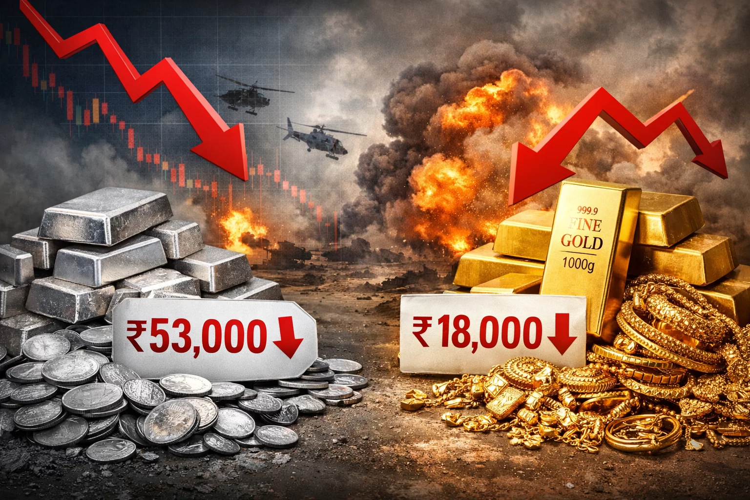 યુદ્ધના માહોલ વચ્ચે સોના-ચાંદીના ભાવમાં ઐતિહાસિક કડાકો: એક મહિનામાં ચાંદી ₹53,000 અને સોનું ₹18,000 સસ્તું!