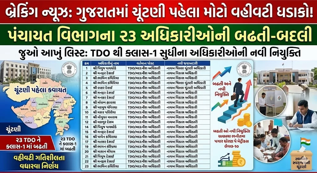 ગુજરાતમાં ચૂંટણી પહેલા મોટો વહીવટી ધડાકો: પંચાયત વિભાગના 23 અધિકારીઓની બઢતી-બદલી, જુઓ આખું લિસ્ટ