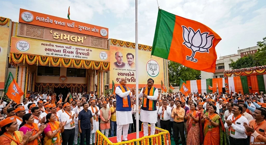 ભાજપનો 46મો સ્થાપના દિવસ: ‘કમલમ’ ખાતે મુખ્યમંત્રી અને પ્રદેશ અધ્યક્ષની હાજરીમાં ભવ્ય ઉજવણી