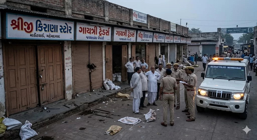 મહેમદાવાદ માર્કેટયાર્ડમાં તસ્કરોનો તરખાટ: એક જ રાતમાં 7 થી 8 દુકાનોના તાળા તૂટ્યા, વેપારીઓમાં ફફડાટ