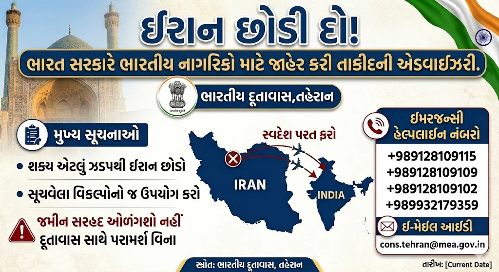 બ્રેકિંગ ન્યૂઝ: ઈરાન છોડી દો! ભારત સરકારે ભારતીય નાગરિકો માટે જાહેર કરી તાકીદની એડવાઇઝરી.