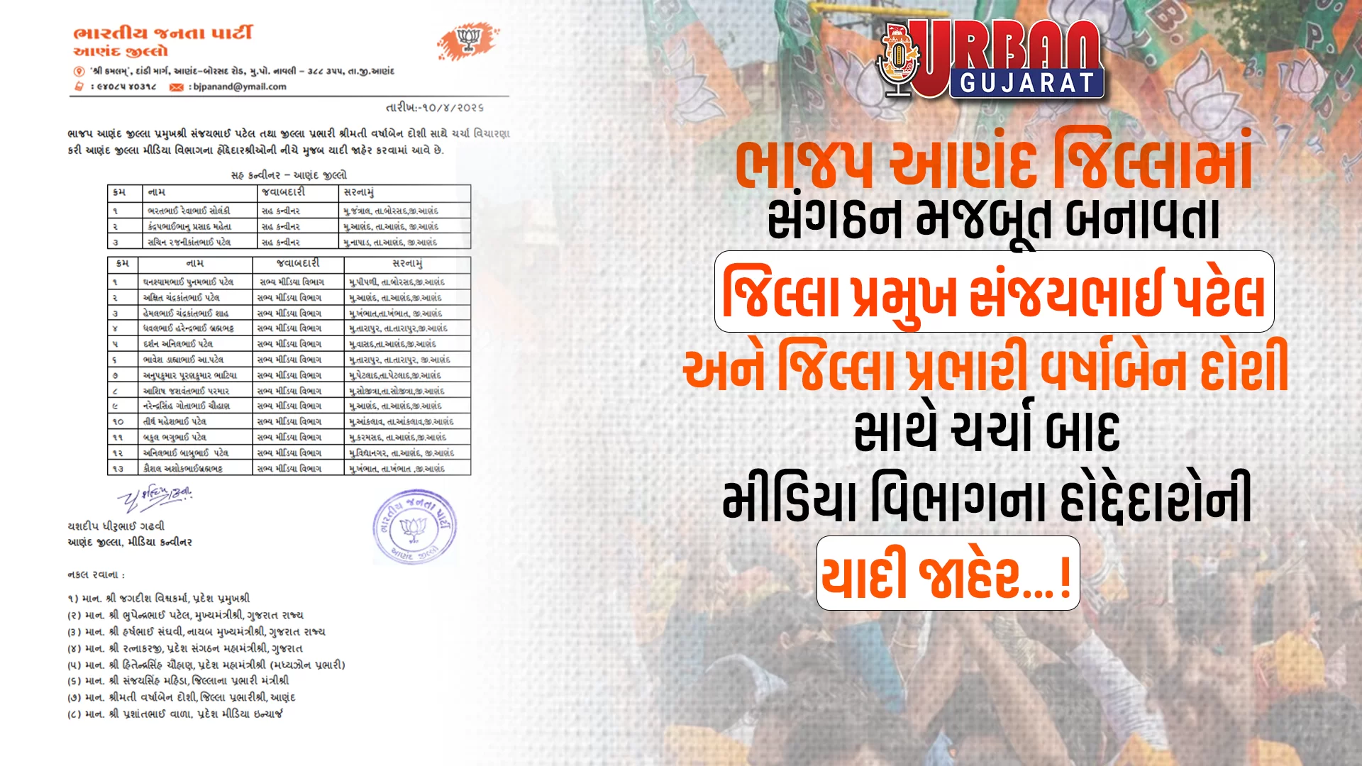 આણંદ ભાજપમાં સંગઠન મજબૂત કરવા મીડિયા વિભાગના હોદ્દેદારોની જાહેરાત