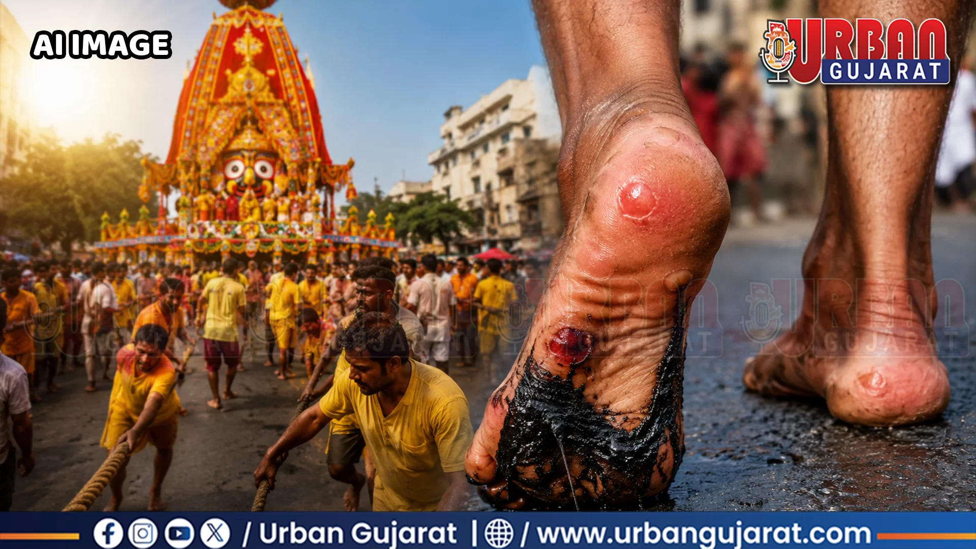 અમદાવાદ રથયાત્રામાં ભક્તિ વચ્ચે ખલાસીઓની કઠિન પરીક્ષા, ગરમીથી પીગળેલા ડામરે પગમાં પાડ્યા છાલા.