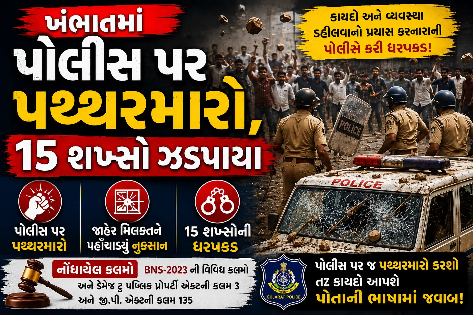 ખંભાતમાં પોલીસ પર પથ્થરમારો, 15 શખ્સો ઝડપાયા