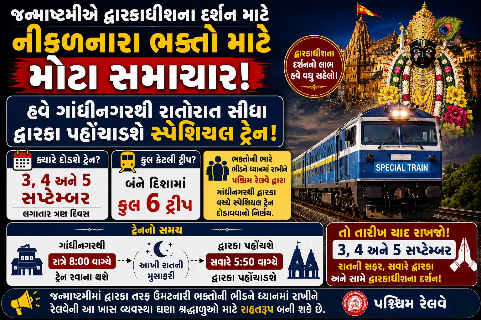 “જન્માષ્ટમીએ દ્વારકાધીશના દર્શન માટે નીકળનારા ભક્તો માટે મોટા સમાચાર! હવે ગાંધીનગરથી રાતોરાત સીધા દ્વારકા પહોંચાડશે સ્પેશિયલ ટ્રેન!”