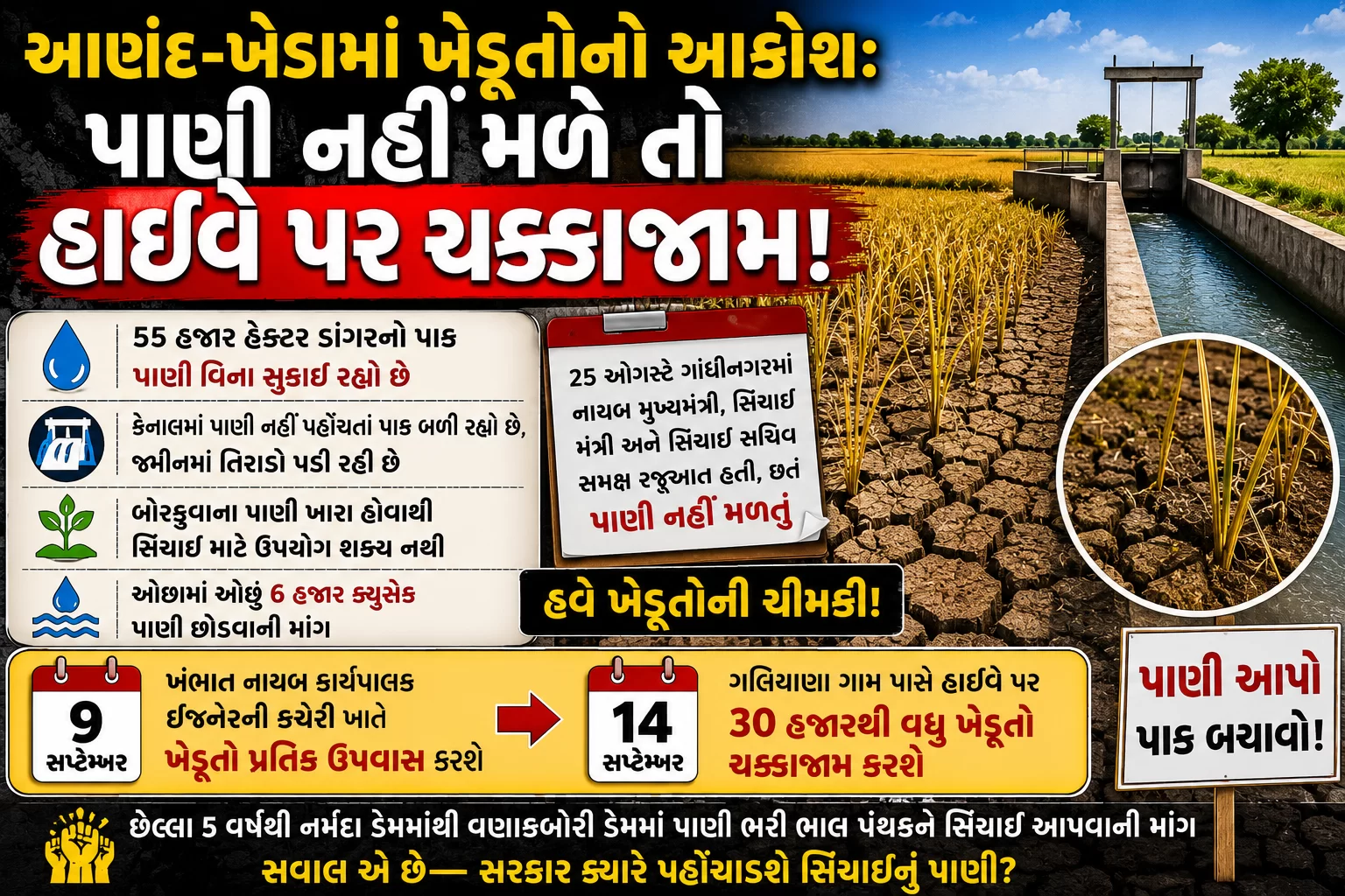આણંદ-ખેડામાં ખેડૂતોનો આક્રોશ: પાણી નહીં મળે તો હાઈવે પર ચક્કાજામ!