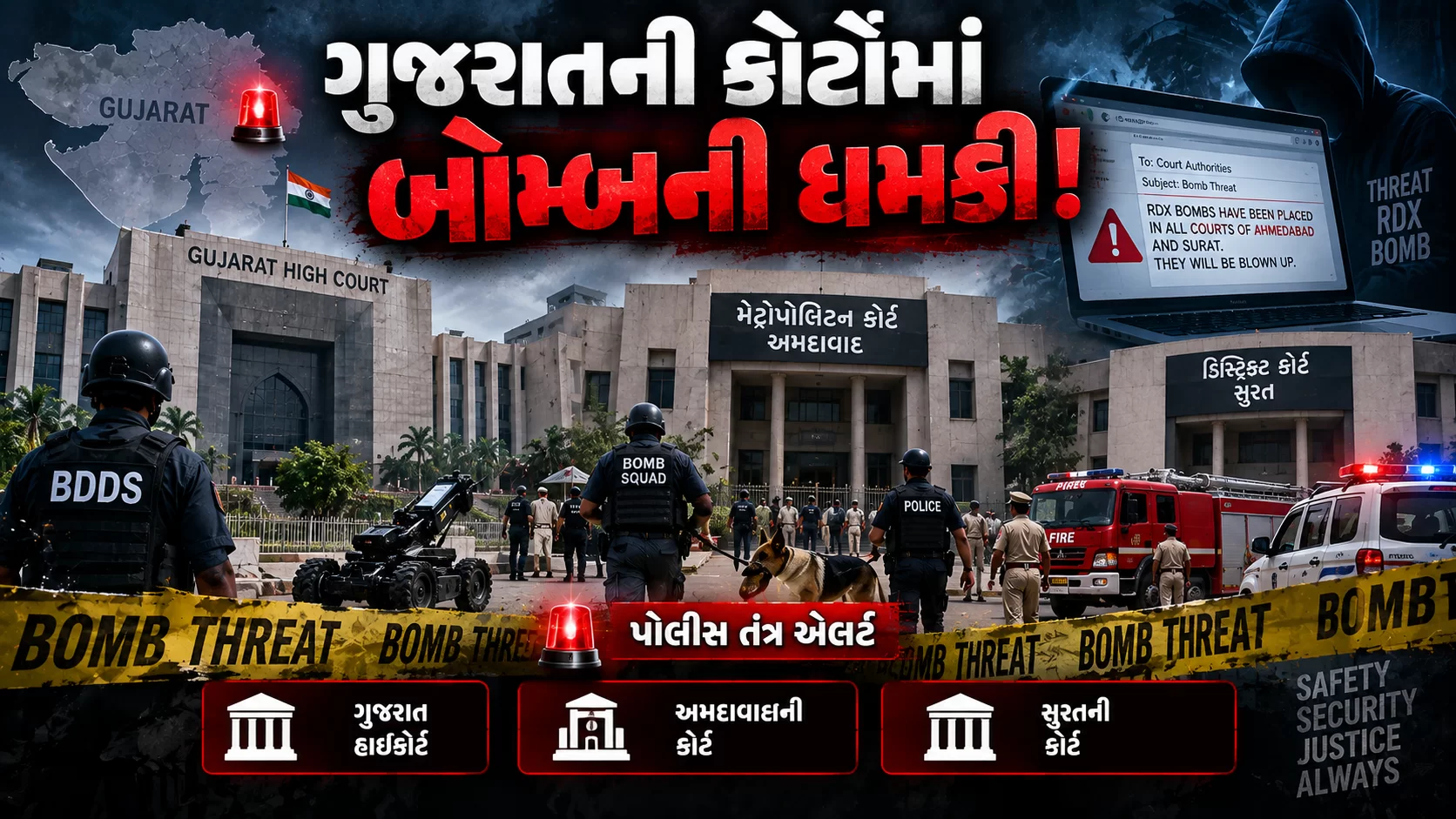 ગુજરાતની કોર્ટોમાં બોમ્બની ધમકીથી ખળભળાટ! 🚨💣