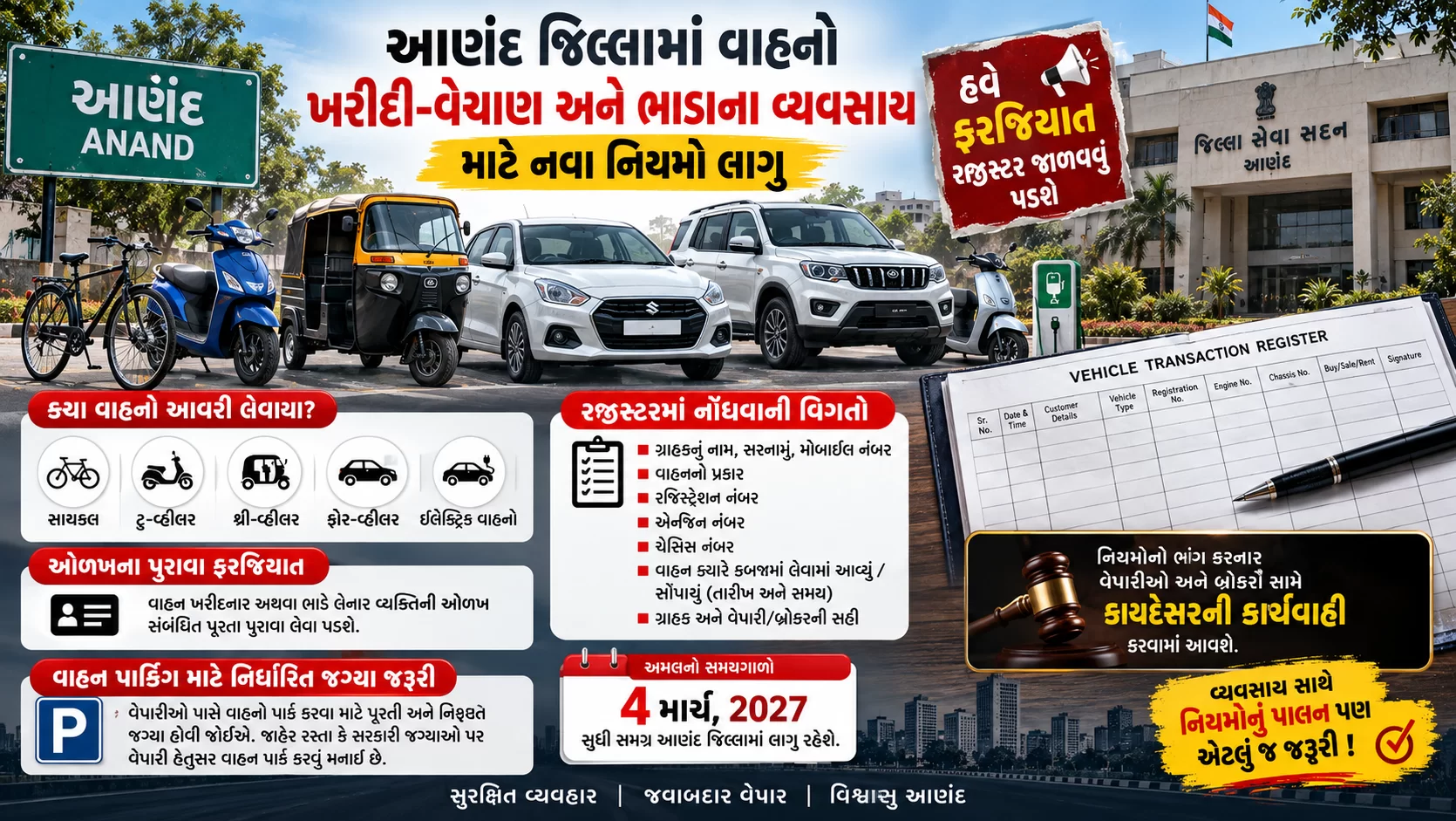 આણંદ જિલ્લામાં વાહનોની ખરીદી-વેચાણ અને ભાડાના વ્યવસાય સાથે જોડાયેલા વેપારીઓ માટે નવા નિયમો લાગુ કરવામાં આવ્યા છે.