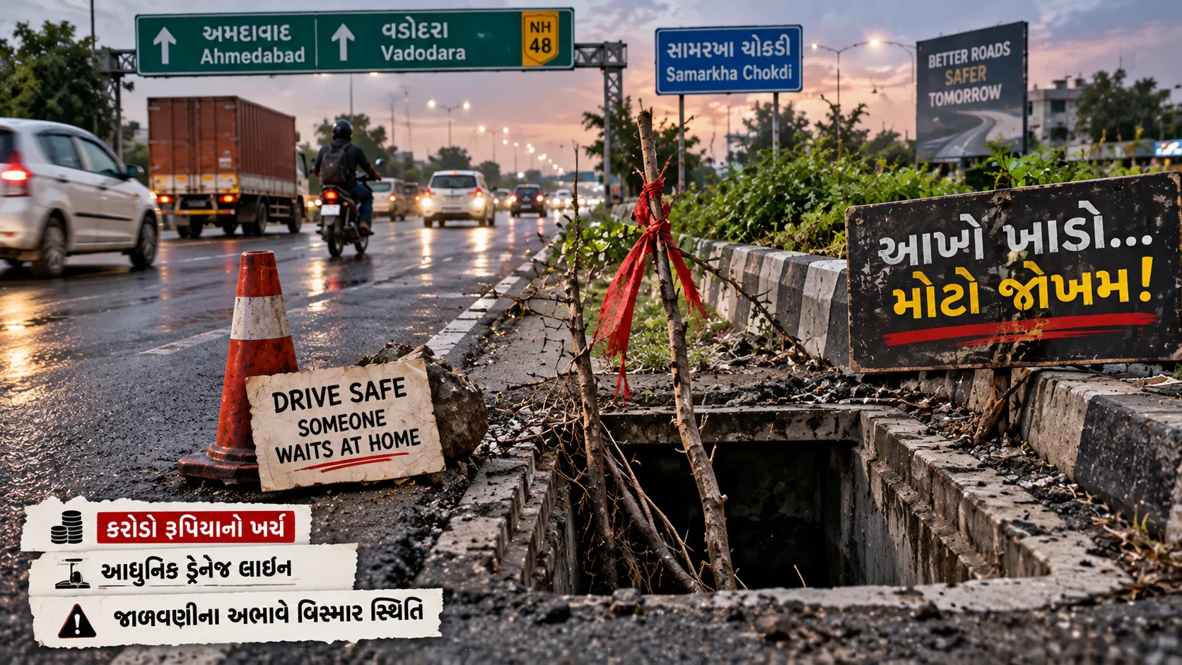 અમદાવાદ-વડોદરા હાઈવે પર કરોડોની ડ્રેનેજ બિસ્માર... સામરખા ચોકડી પાસે ખુલ્લો ખાડો બન્યો ‘મોતનો કૂવો’