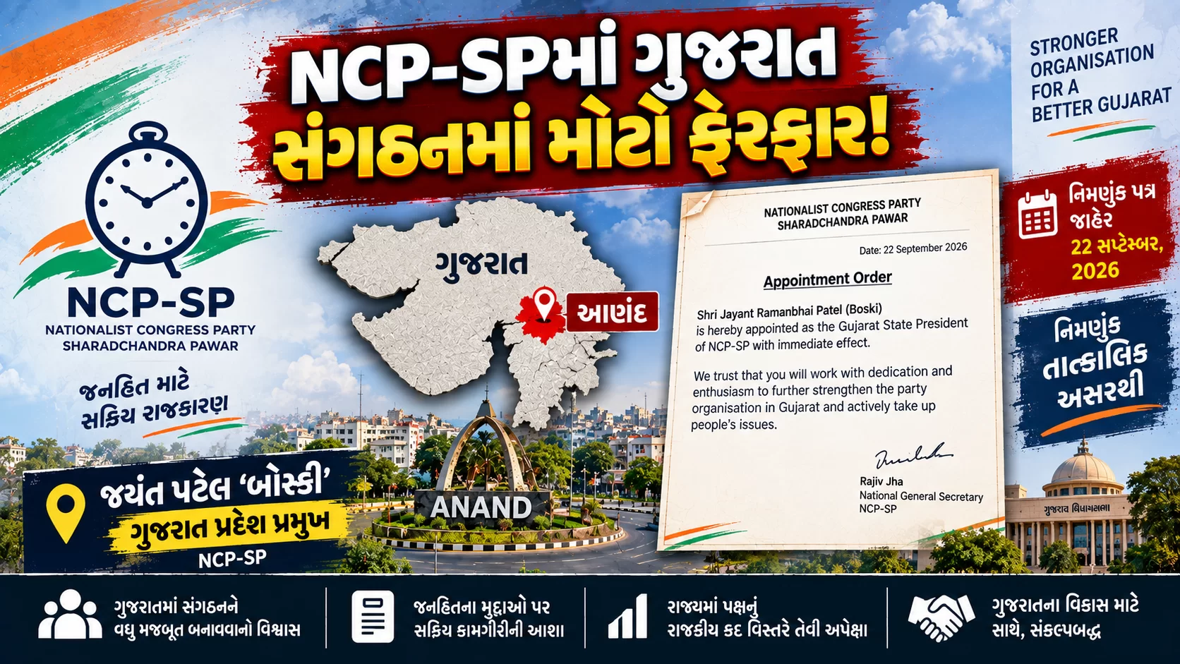 ગુજરાતમાં NCP-SP એટલે કે શરદચંદ્ર પવાર જૂથમાં સંગઠન સ્તરે મોટો ફેરફાર કરવામાં આવ્યો છે
