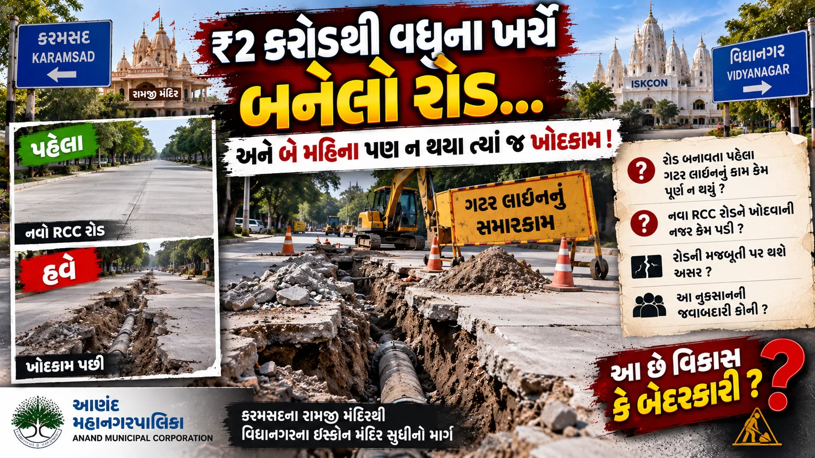 ₹2 કરોડનો રોડ... બે મહિનામાં જ ખોદકામ! આણંદ મનપાની કામગીરી પર સવાલ