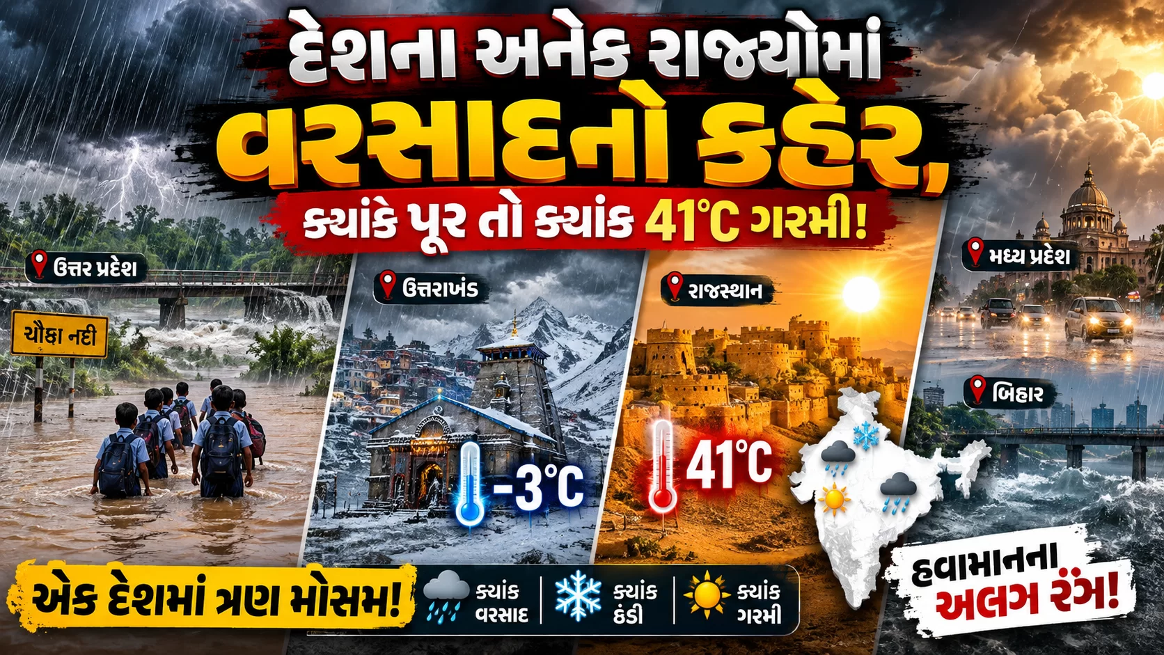 🌧️ દેશના અનેક રાજ્યોમાં વરસાદનો કહેર, ક્યાંક પૂર તો ક્યાંક 41°C ગરમી!