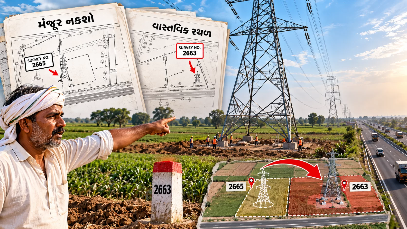 મંજૂર નકશો એક જગ્યાનો… અને 765 KVનો વીજ ટાવર બીજી જમીનમાં!