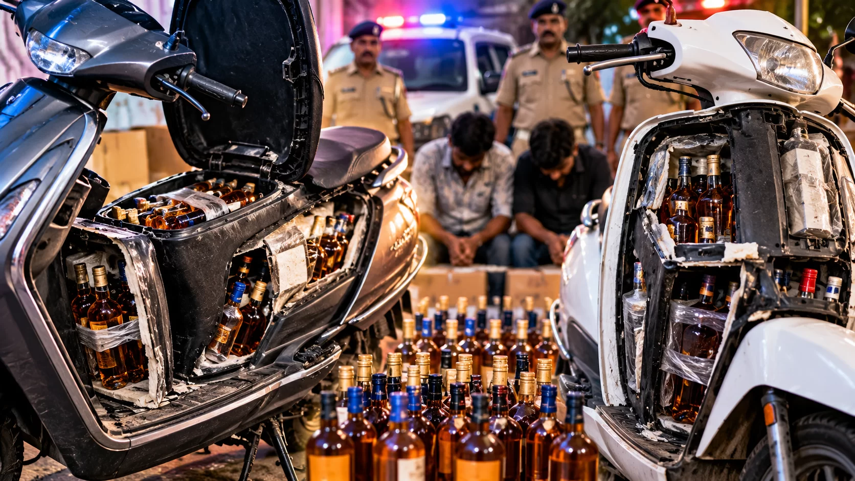 એક્ટિવા જોઈ પોલીસ પણ ચોંકી ગઈ: ચોરખાનામાં છુપાવેલી 455 દારૂની બોટલ ઝડપાઈ, 2 ઝડપાયા